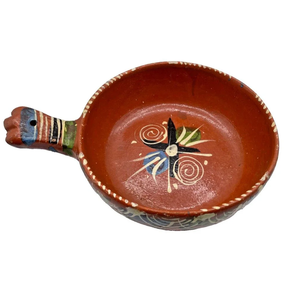 Vintage Mexican Folk Art Pottery Tlaquepaque Casserole Dish w/ Handle Hand Paint